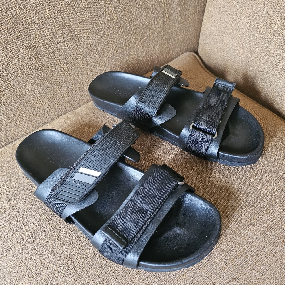 Prada Black Leather & Nylon Velcro Flat Slides Size 10 Men's